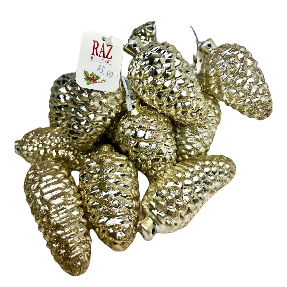 16 RAV Inports Vintage Pinecone Christmas Tree Ornaments Glitter Silver Gold NEW